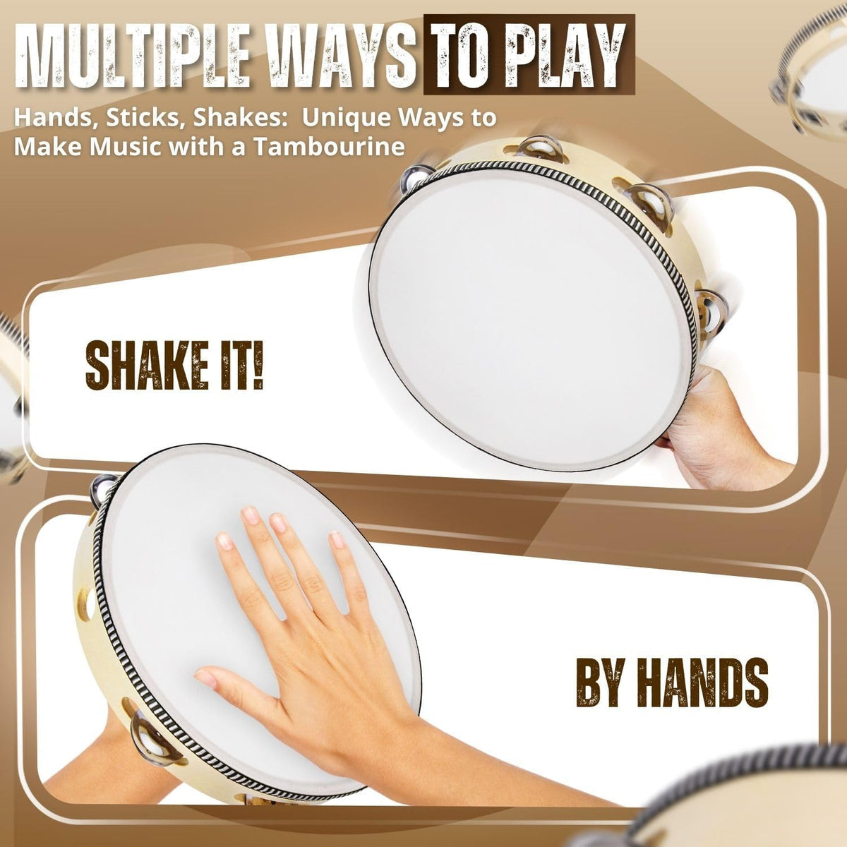 Flexzion Wood Handheld Tambourine for Adults 8-Inch Double Row 8-Pair Jingles (Wood) - Percussion Round Tamborines Musical Instrument with Metal Zills