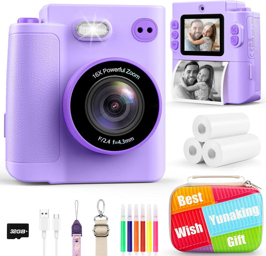 Kids Camera Gift for Girls: Selfie Digital Instant Print Cameras HD Camcorder Toys for Kids Teen Girls Boys Ages 3 4 5 6 7 8 9 10 12 Birthday Christmas Valentines Easter Gifts with 32G SD Card Purple