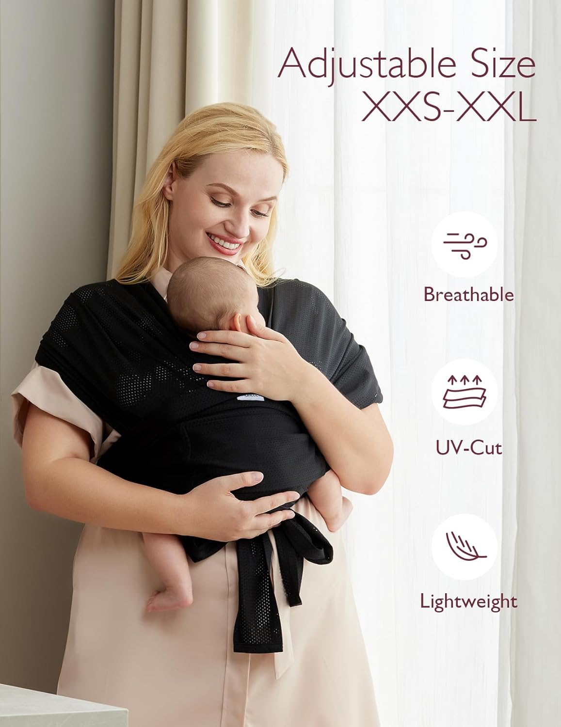 Momcozy Baby Carrier AirMesh - The Perfect Summer Water Sling for Newborns to Toddler 8-35 lbs - Cooling, Breathable and Lightweight Baby Wrap, Nice for Summer, Pool, Beach, Swimming, Black