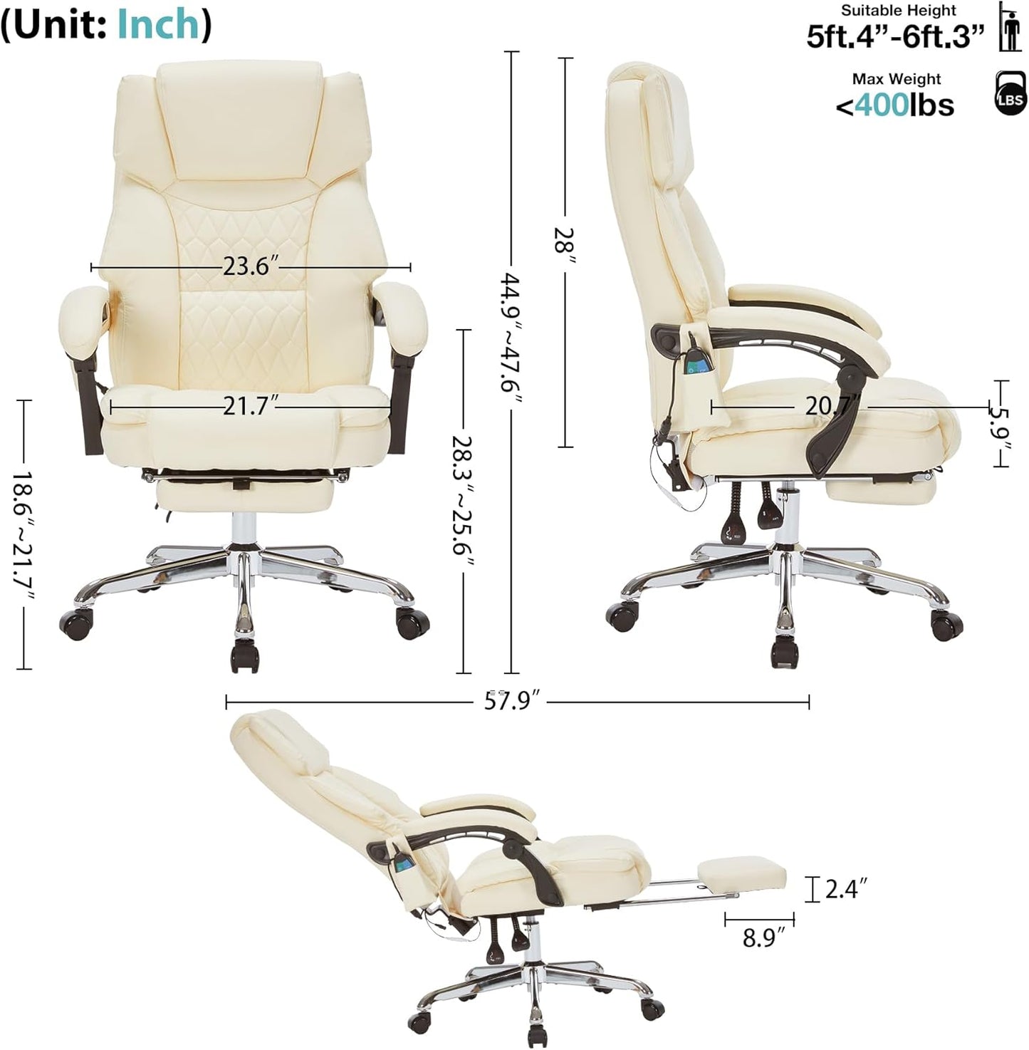 Massage Office Chair with Foot Rest 6 Points Vibration and Heat Home Office Desk Chairs for Heavy People 400lbs Reclining Managerial Chairs Ergonomic Executive Chair (Cream)