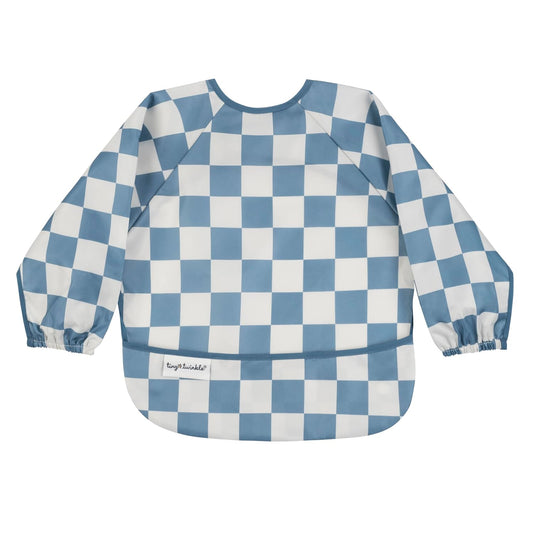 Tiny Twinkle Mess Proof Baby Bib,Waterproof Smock Baby Bib for Eating,Machine Washable Long Sleeve Bib,Baby Led Weaning,Toddler Bib (Checkers Blue, Small 6-24 Months)