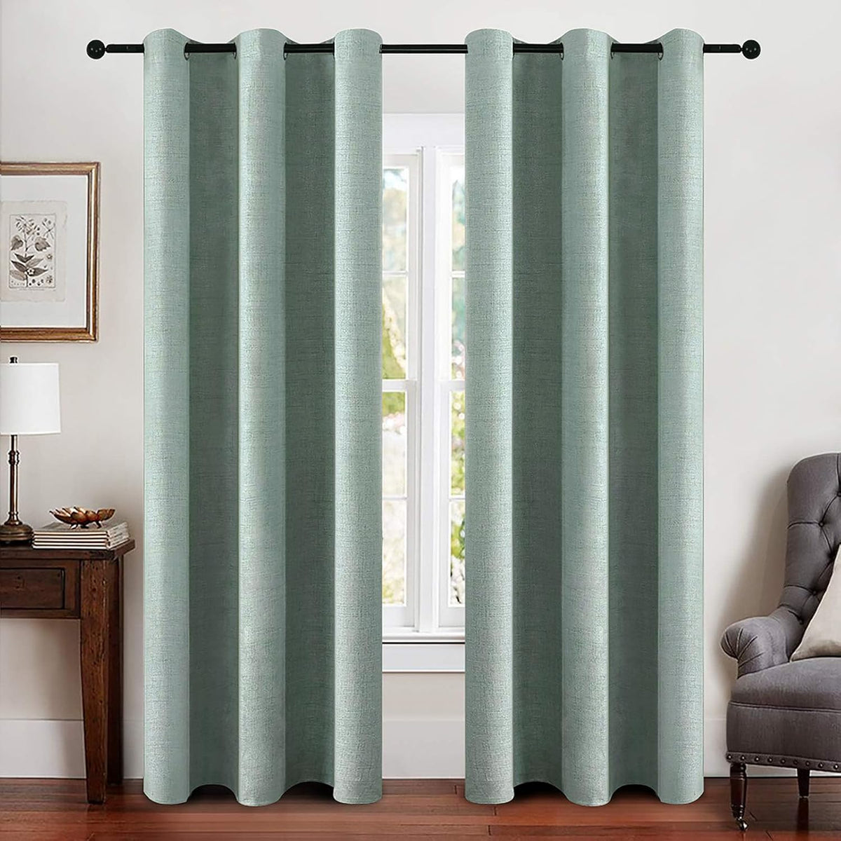 MIULEE Linen Blackout Curtains and Drapes 100% Room Darken Thermal Insulated Grommet Window Panels with Coating 2 PCs W 42 x L 84 inches Seafoam Green