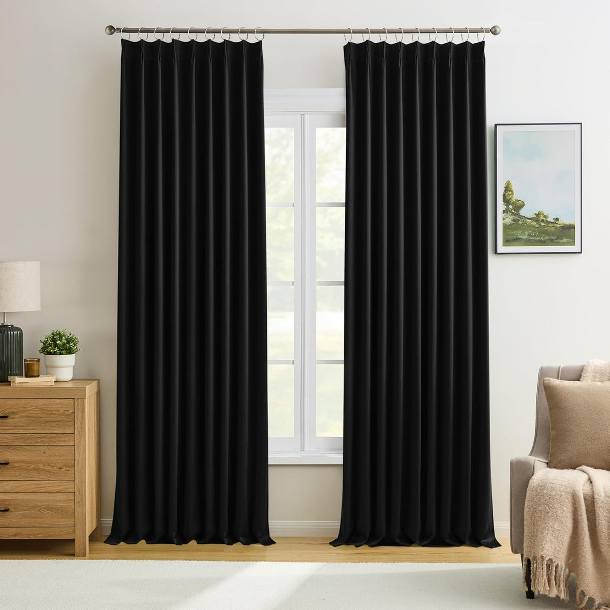 KEQIAOSUOCAI 60 Inch Wide Black Pinch Pleated Curtains 60 x 105, Thermal Insulated Noise Cancelling Living Room Office Drapes 105 Inches Long, Patio Sliding Glass Door Window Curtain 2 Panels