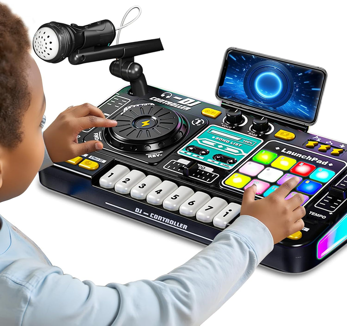 Kids DJ Mixer Controller Table Musical Toy Electronic Bluetooth Toy with LED Lights Sound Effect Microphone Piano DJ Board Key Musical Instruments Birthday Gift Toys for 3 4 5 6 7 Year Old Boy Girl