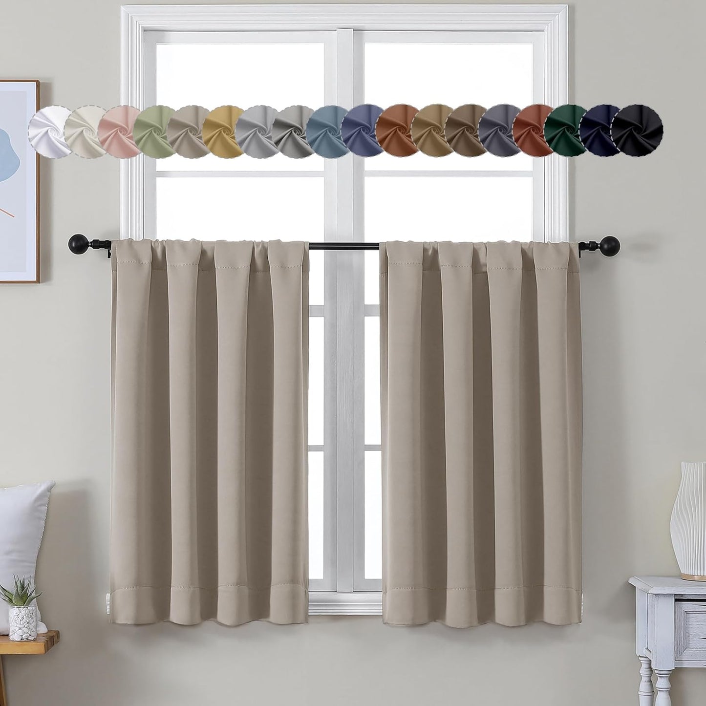 Simplebrand Ava Stone Short 36 Inches Blackout Curtain 2 Panels Set, Half Window Rod Pocket Privacy Curtain Tiers for Kitchen, Curtains Blackout for Bathroom Shades, W40 x L36 Inch, Stone