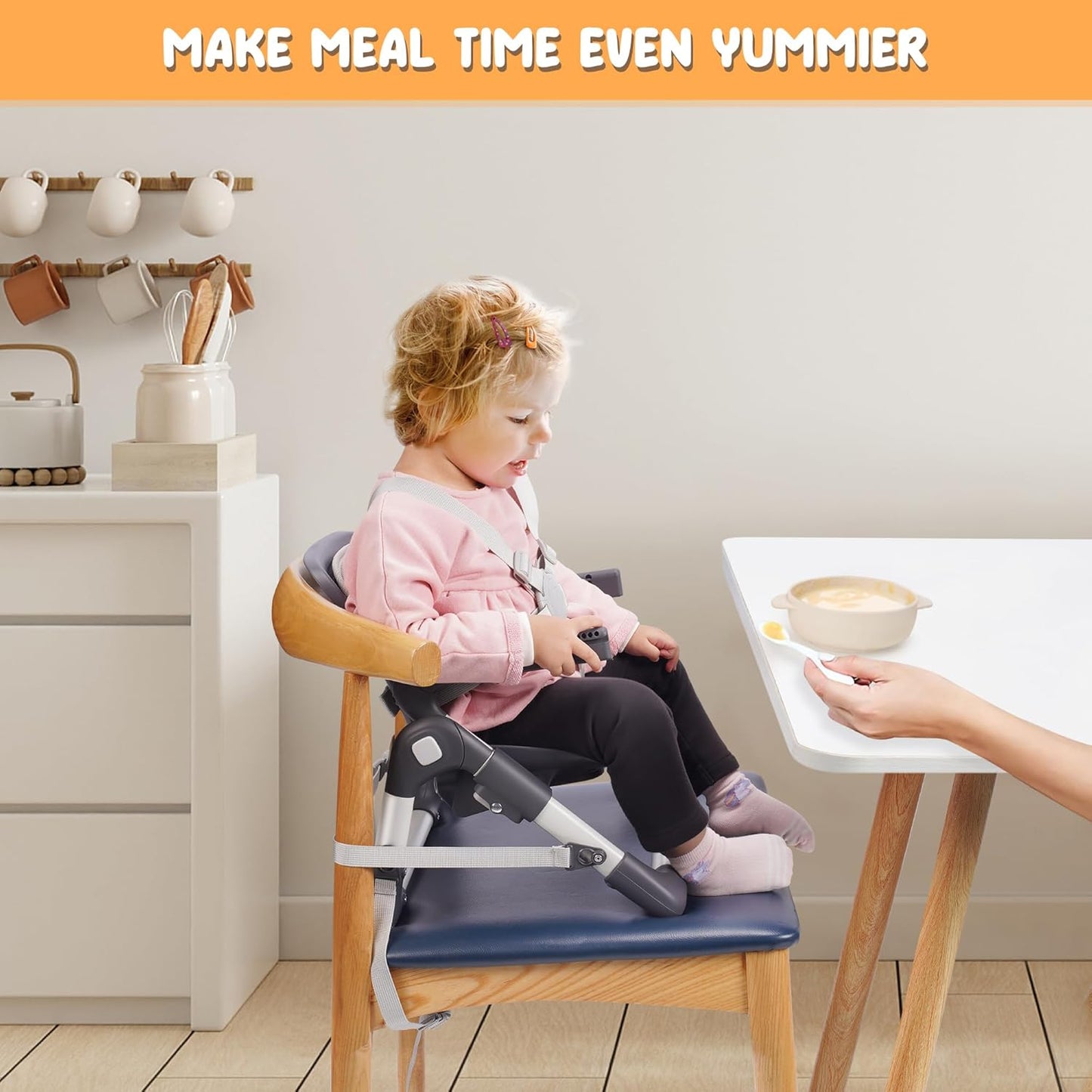 Bear Booster Seat for Kitchen Chairs, Portable High Chair for Babies 6–12 Months, Adjustable 3-Level Foldable Booster with Removable Tray, Ideal for Home, Outdoor, Camping, and Travel