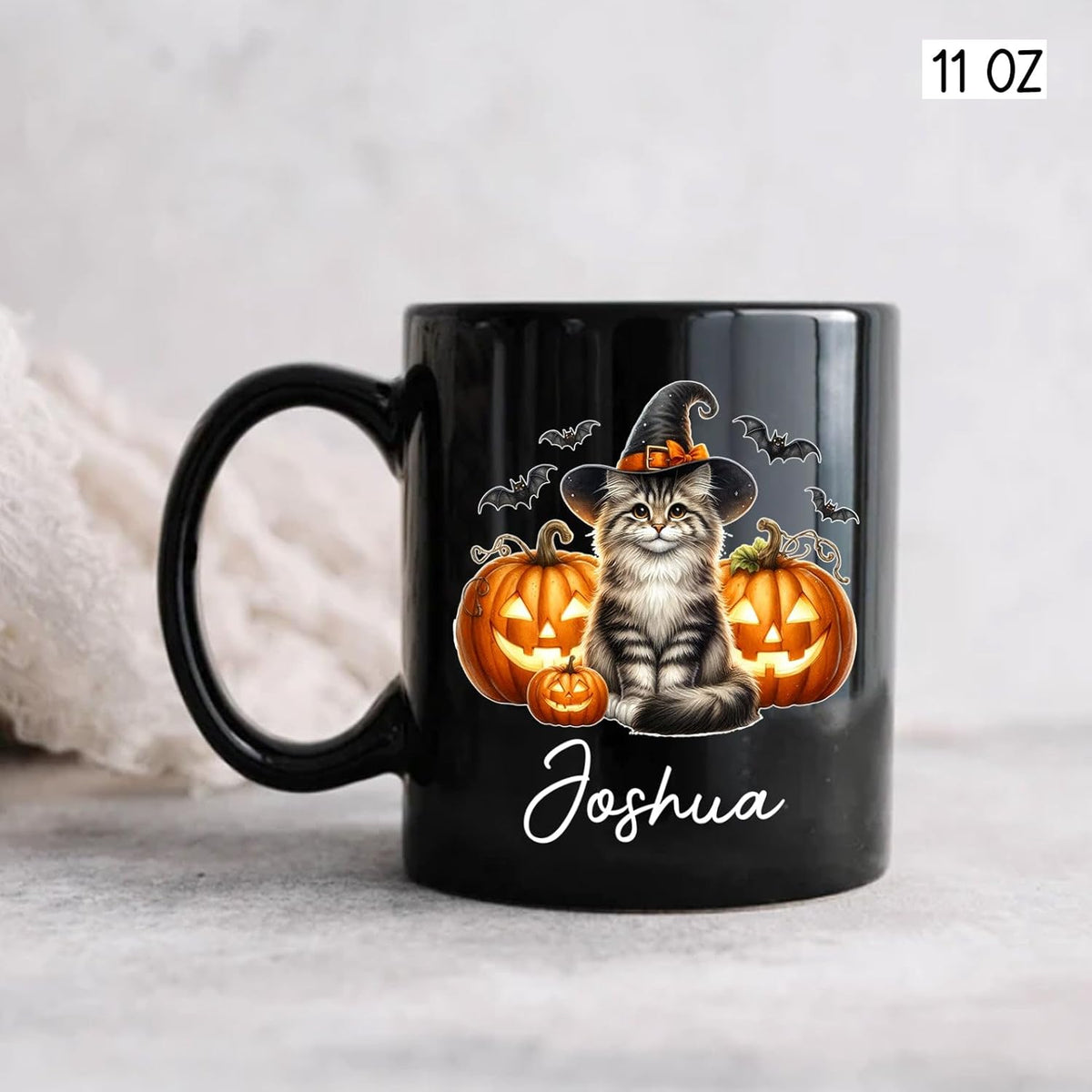 Customized Siberian Wearing Witch Hat Coffee Cup with Name, Personalized Siberian Cat Pumpkins Ceramic Mugs 11oz 15oz, Halloween Cat Cup Gift for Dad Mom Kid, Pet Owner Halloween Black Mug