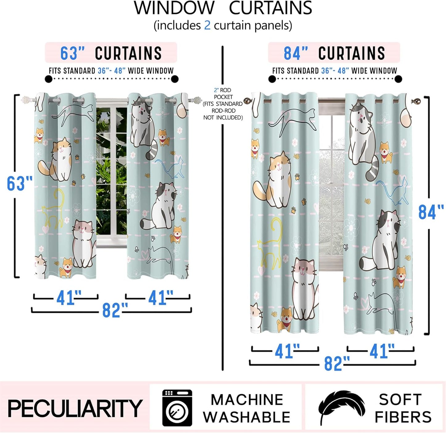 Cartoon Cat Blackout Curtains for Girls Room - Grommets Top, Animal Themed, Thermal Insulated Panels for Bedroom, Nursery Decor, 82 in x 84 in