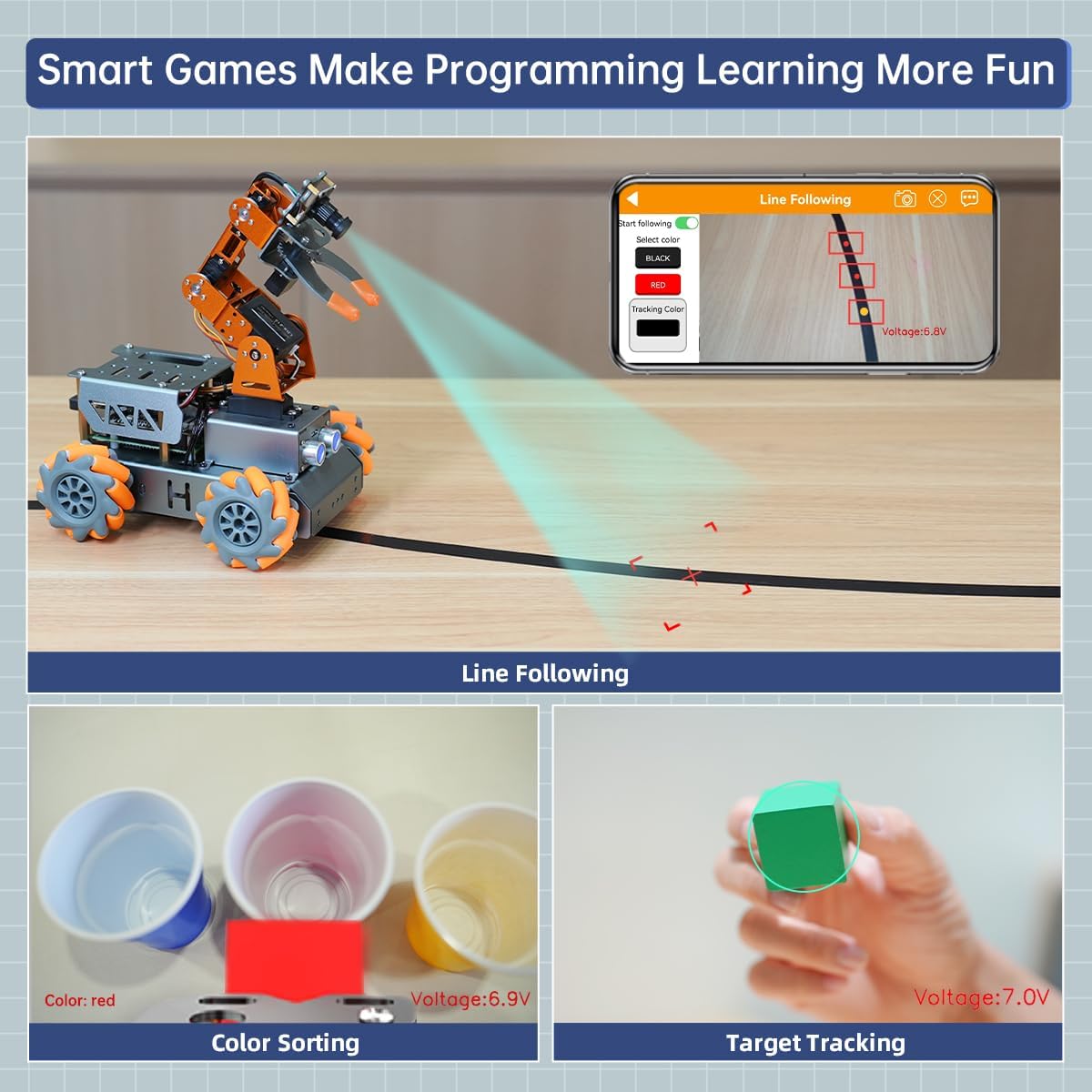 MasterPi Robotic Arm Car for Raspberry Pi 5 Open Source Programming AI Vision 5DOF/Axis Robotics Smart Car Kits for Teen Adult Educational Building Robot (Raspberry Pi Not Included)
