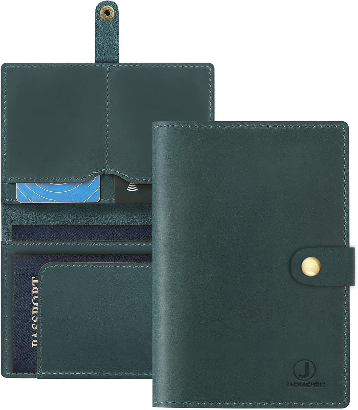 Jack&Chris Genuine Leather Passport Holder For Travel, RFID Blocking Handmade Passport Holder with Card Case Organized & Safe, Quality Travel Essentials for Women and Men for Gifting, Blue