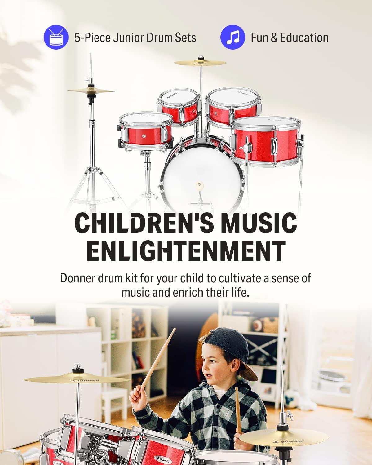 Kids Drum Sets Donner 5-Piece for Beginners,14 inch Junior Drum Kit, with Adjustable Throne, Cymbal, Hi-Hat, Pedal & Drumstick-Red