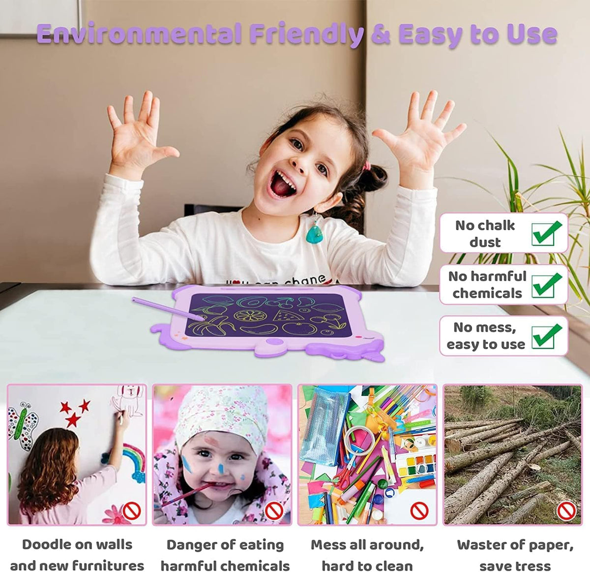 Kikapabi LCD Writing Tablet for Kids, Unicorn Toys Gifts for 3 4 5 6 7 Year Old Girls, Colorful Drawing Doodle Board, Toddler Educational Travel Toys Christmas Birthday Purple