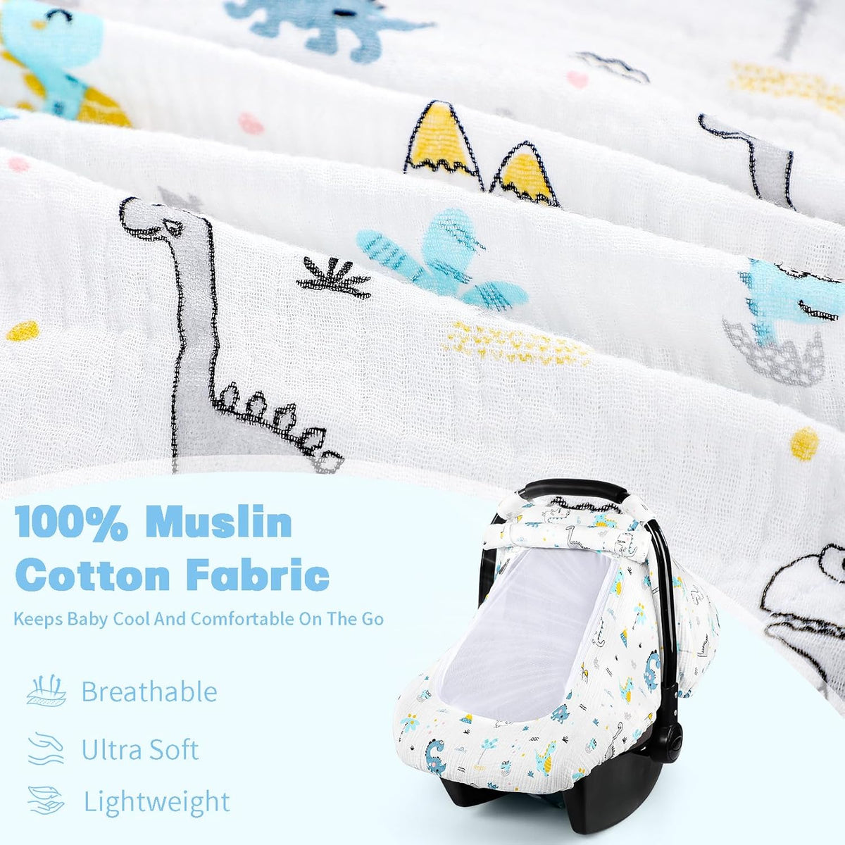 Car Seat Cover Baby, HNHUAMING Muslin Cotton Carseat Covers for Babies Girls Boys Summer Infant Car Seat Covers Canopy, Cozy Newborn Carseat Covers Stroller Cover with Breathable Mesh Window, Dinosaur