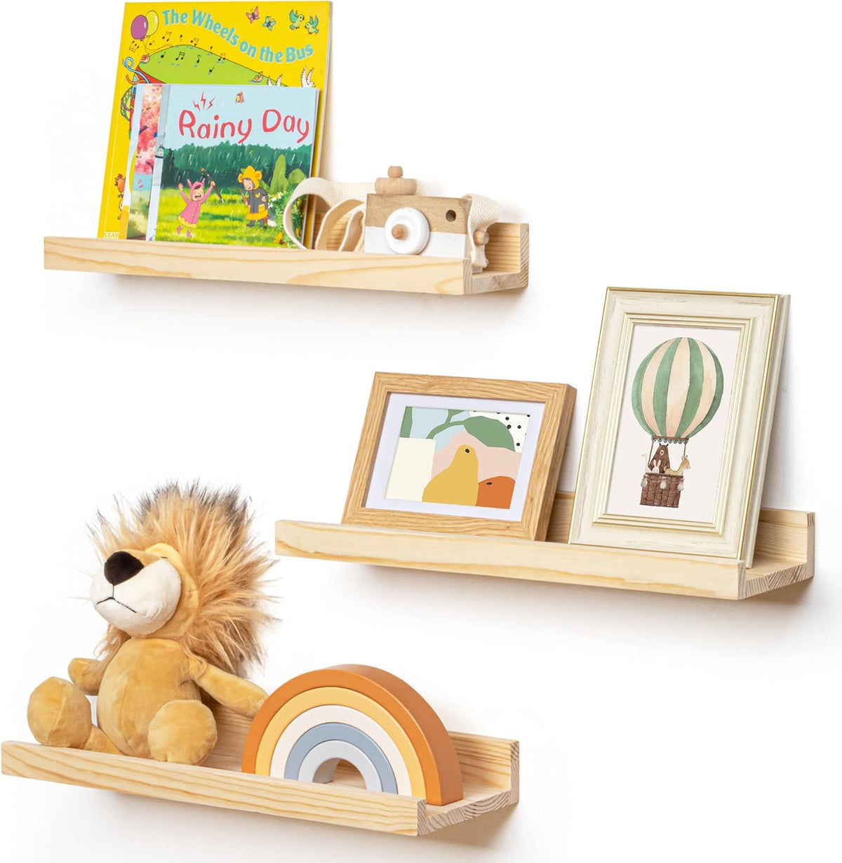 Picture Ledge Shelf for Wall, 16 inches Solid Pine Wood Nursery Book Shelves 3 Packs, Floating Ledge Shelves for Kids' Room Bedroom Bathroom Living Room Photo Frames Office Nursey Wall Decor, Natural