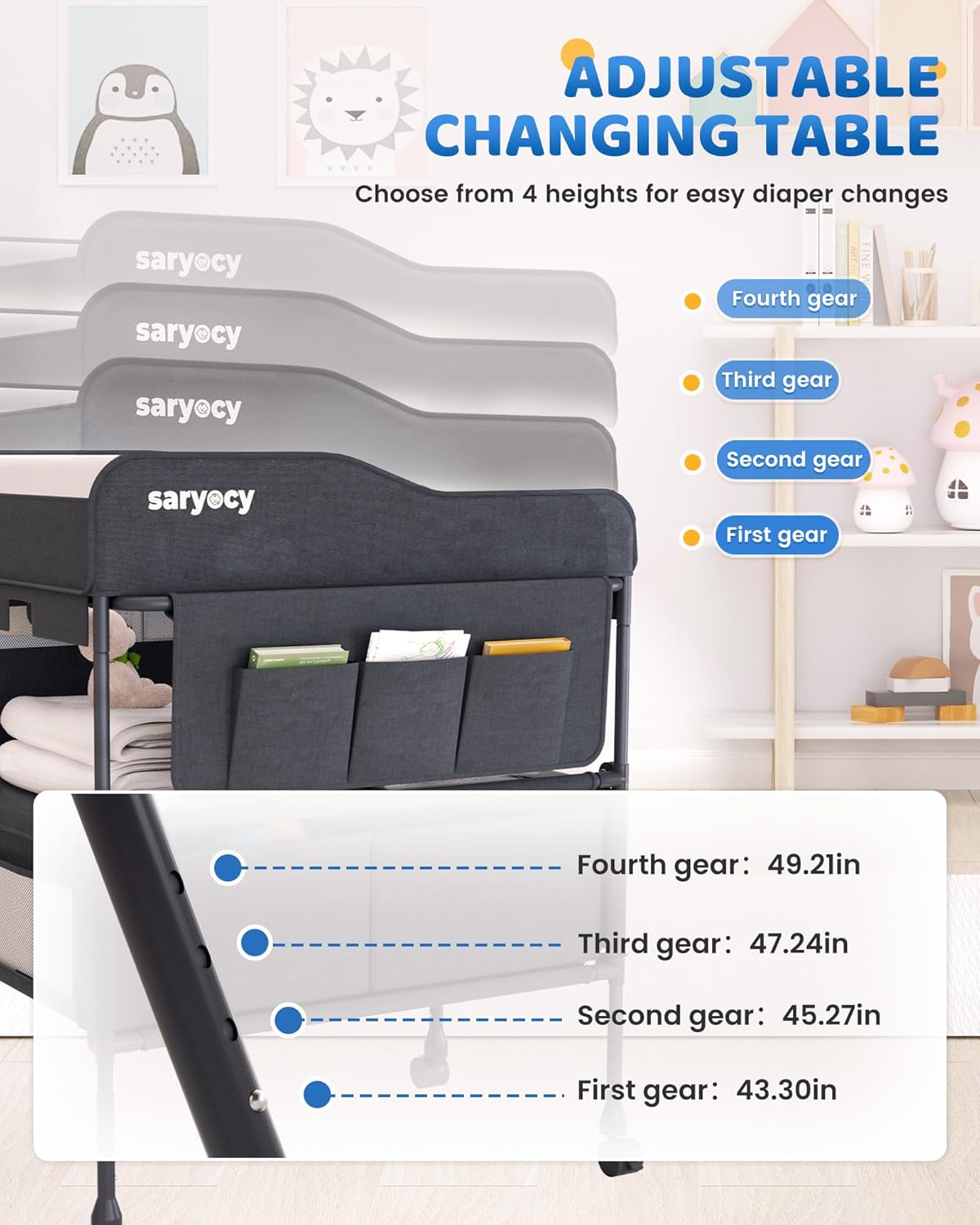Baby Changing Table with Storage, Versatile Folding Changing Table, Baby Changing Station, Removable Wheels, 4 Adjustable Height, Waterproof, Mobile Nursery for Infant and Newborn