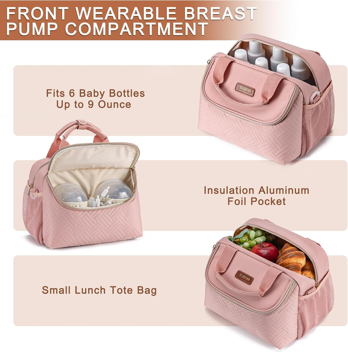 Breastmilk Cooler Bag with Ice Pack Fits 6 Baby Bottles up to 9 Ounce, Wearable Breast Pumps Cooler Bag for Nursing Mom Daycare, Work, Travel- Pink