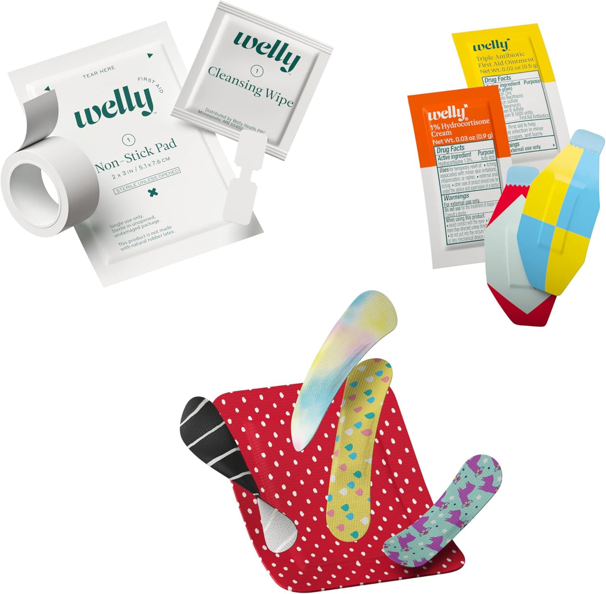 Welly First Aid Kit - Adhesive Flexible Fabric and Waterproof Bandages, Tape and Non-Stick Pads, Butterfly Strips, Single Use Ointments Triple Antibiotic and Hydrocortisone, and Ibuprofen - 130 Count
