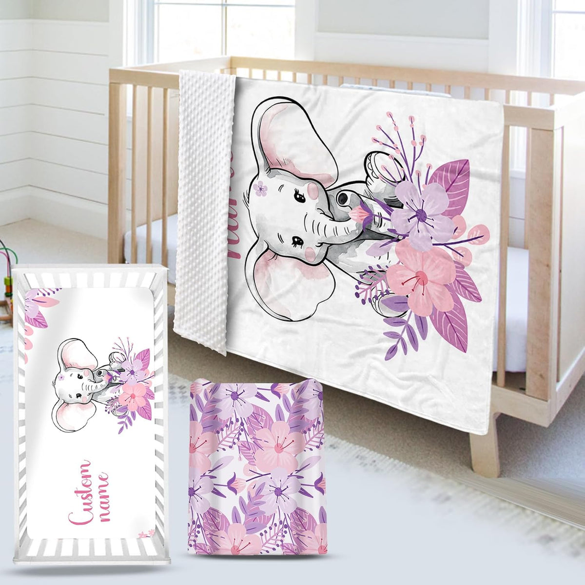Custom Name Crib Bedding Set - Elephant Theme, Personalized Purple FlowerNursery Bedding 3-Piece Set– Soft Blanket, Fitted Sheet, Changing Pad Cover – for Newborns Girls Nursery Gifts