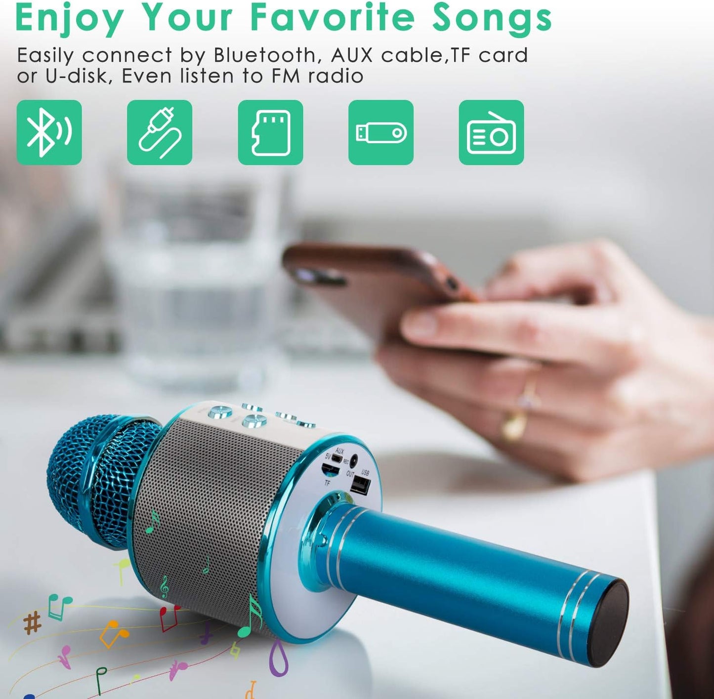 KIDWILL Wireless Bluetooth Karaoke Microphone for Kids, 5-in-1 Portable Handheld Karaoke Mic Speaker Player Recorder with Adjustable Remix FM Radio for Kids Girls Boys Teens Birthday (858-Blue)