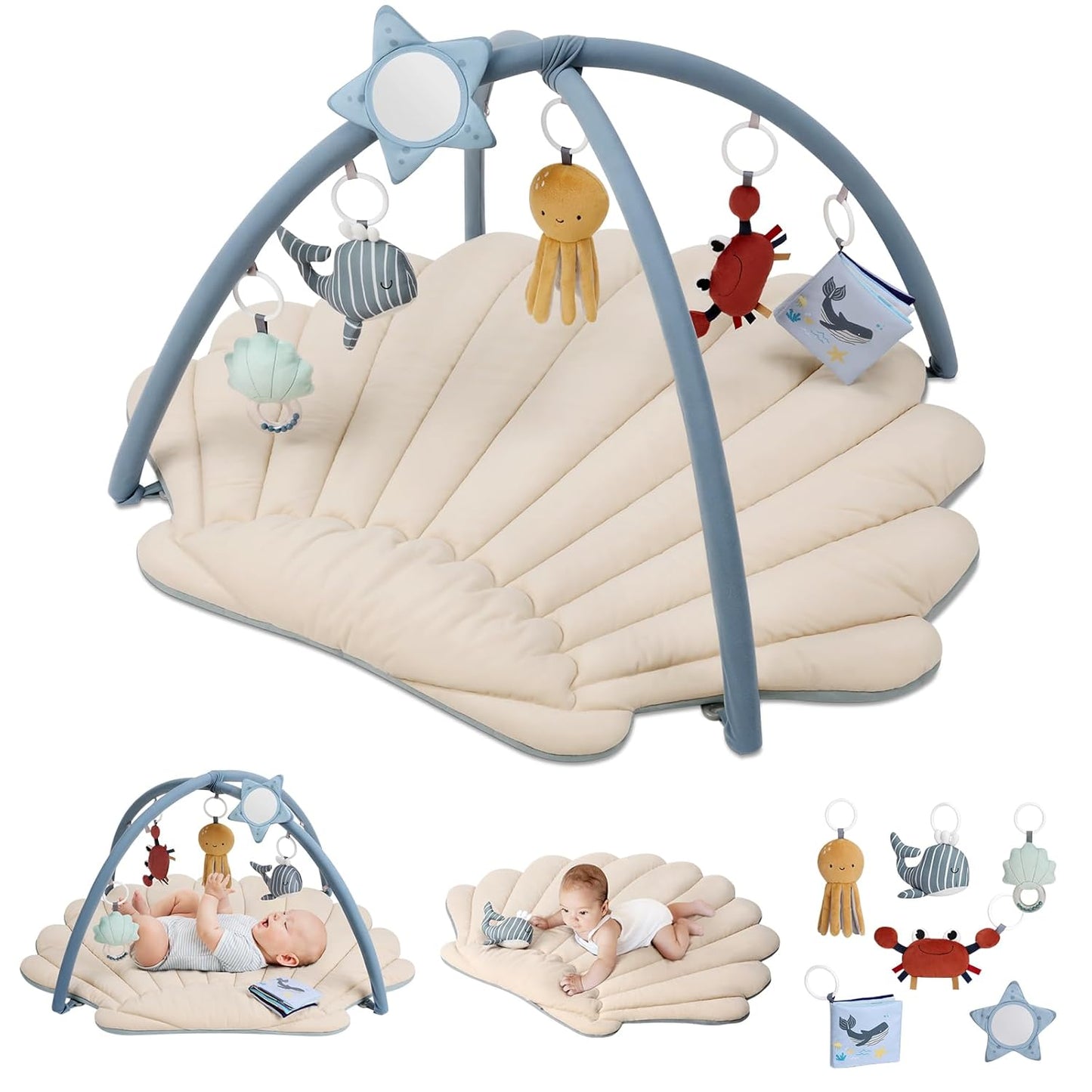 Blissful Diary Shell Baby Play Gym Mat, Softer & Enlarged Tummy Time Mat w 6 Detachable Toys for Sensory & Motor Skill Development, Activity Mat for Newborn Essentials Shower Gift, Boho Ocean Theme