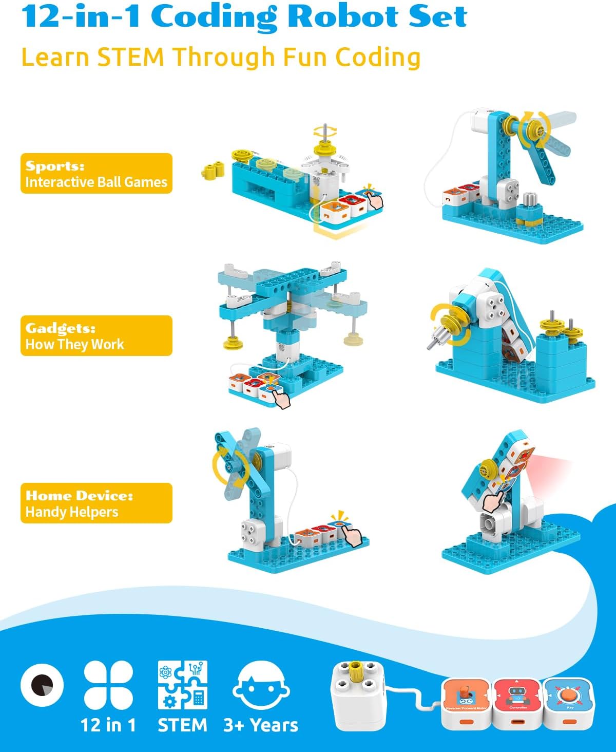 WhalesBot A3 12-in-1 STEM Blocks Coding Robot Kit for Kids, 61-Piece Educational Building Set with Interactive Storytelling, Ideal Toy Gift for Boys & Girls Ages 3-6