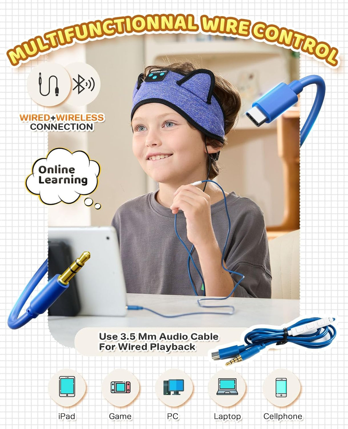 KIDSBAND Kids Headphones, Bluetooth Headphones for Kids with Adjustable Headband, 3.5 MM Jack for School, Foldable On-Ear Headset for Girls Boys Children, Kindle Tablet Cellphones Airplane Travel