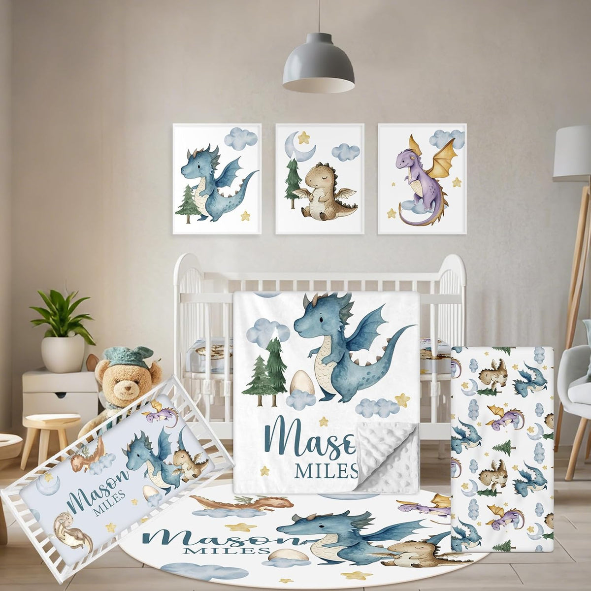 Custom Baby Crib Bedding Set, 5 Pcs Personalized Name Baby Crib Sets for Infant Toddler, Blue Dinosaur Nursery Bedding Set for Baby Boy, Double Layer Baby Bedding Sets Customized Gifts