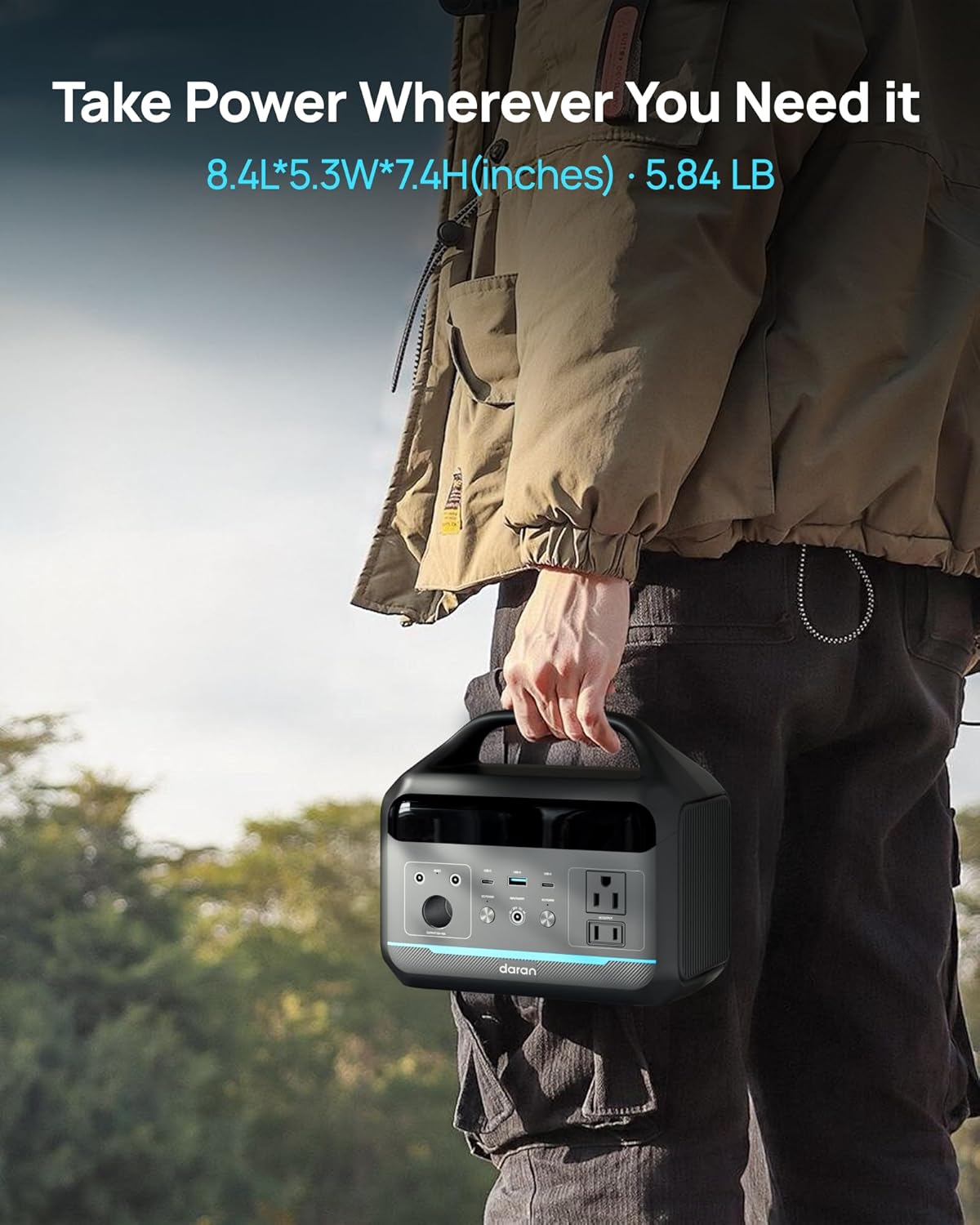 DARAN Portable Power Station 300W, 192Wh LiFePO4 Battery Backup, Solar Generator with 2 AC Outlets, USB-C PD 60W, LED Light, Lightweight Power Bank for Camping, RV, Travel, Home Emergency
