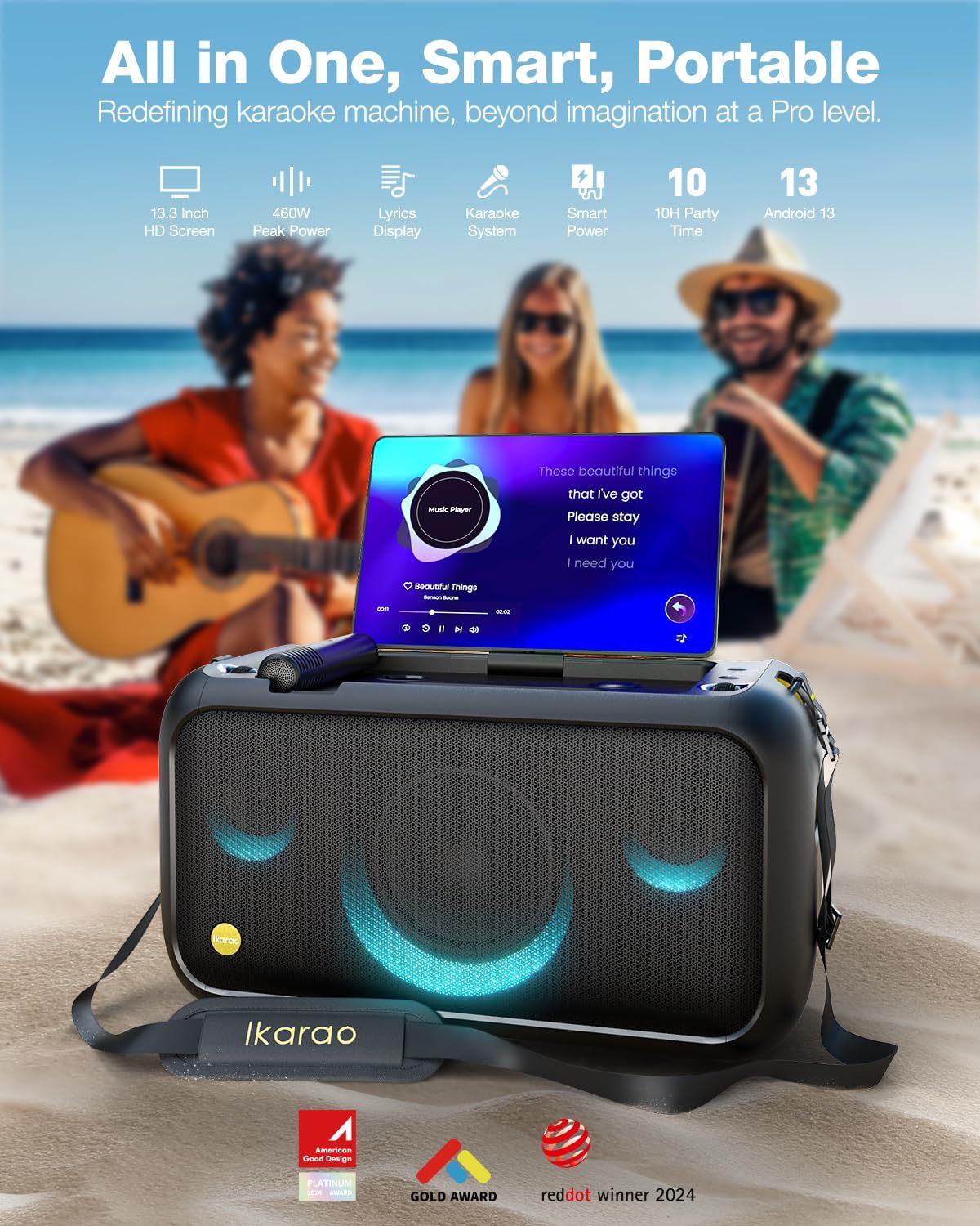 Karaoke Machine for Adults, with Lyrics Display Built-in 13.3" Screen, Truly All in One Karaoke Machine with 2 Wireless Microphone (Hidden & Self Charging), 460W Bluetooth Speaker for Party, TV