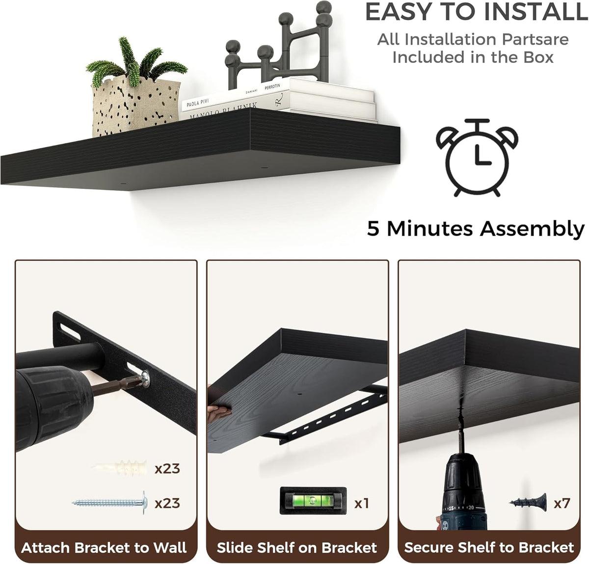 Floating Shelves - 2 Large Wall Mounted Shelves with Invisible Brackets, Long Wood Floating Wall Shelf for Living Room, Bedroom, Kitchen (Black, 48" W x 9" D x 1.5" H)