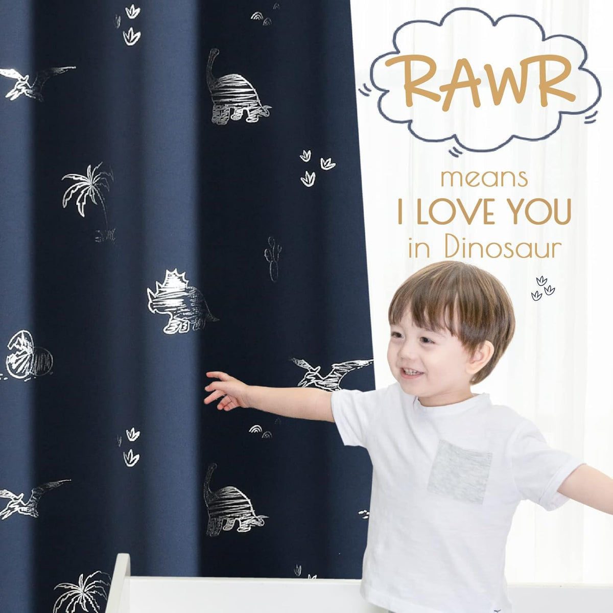 Vangao Kids Curtains Navy Blue Blackout Dinosaur Curtains for Boys Kids Nursery Girls Room Silver Dino Foil Print Thermal Insulated Drapes Grommet Top Window Treatments 84 Inches Length 2 Panels