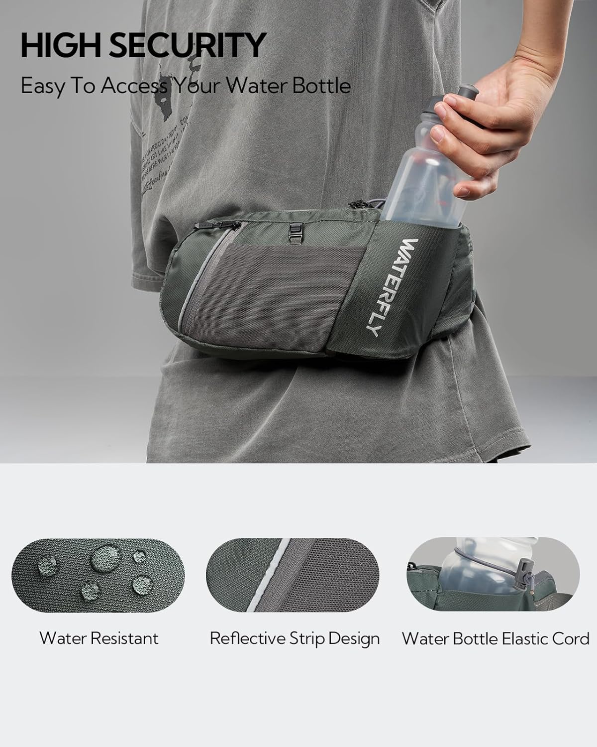 WATERFLY Fanny Pack Waist Bag: Hiking Water Bottle Holder with Strap Waist Pack for Women Men Hydration Hip Packs for Running Walking Traveling-Green