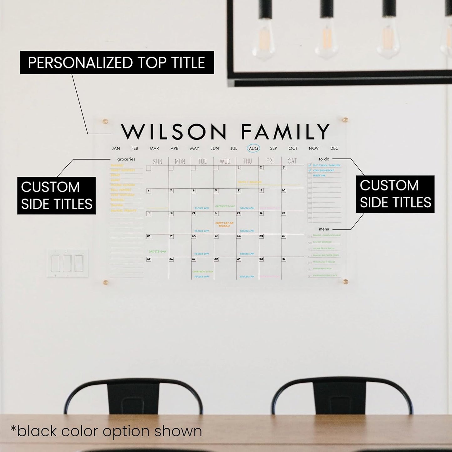 Personalized Clear Acrylic Calendar for Wall, Calendar Whiteboard for Wall, Dry Erase Wall Calendar, Wall Calendar Organizer System for Home (Block, Navy, 38"W x 26"H)