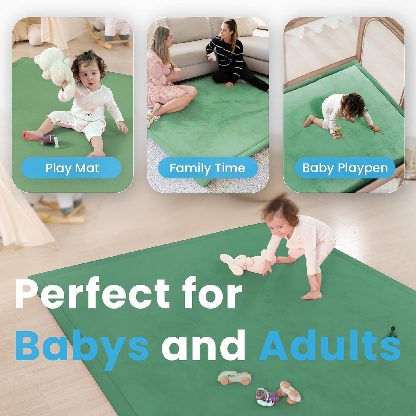 1.3" Thick Baby Play Mat,Ultra Soft Elasti-Foam 50×50 Playpen Mat for Tummy Time,Water-Repellent Coral Fleece Nursery Rug for Infants,Toddlers,Kids,Non-Slip Safe for Crawling(Emerald)