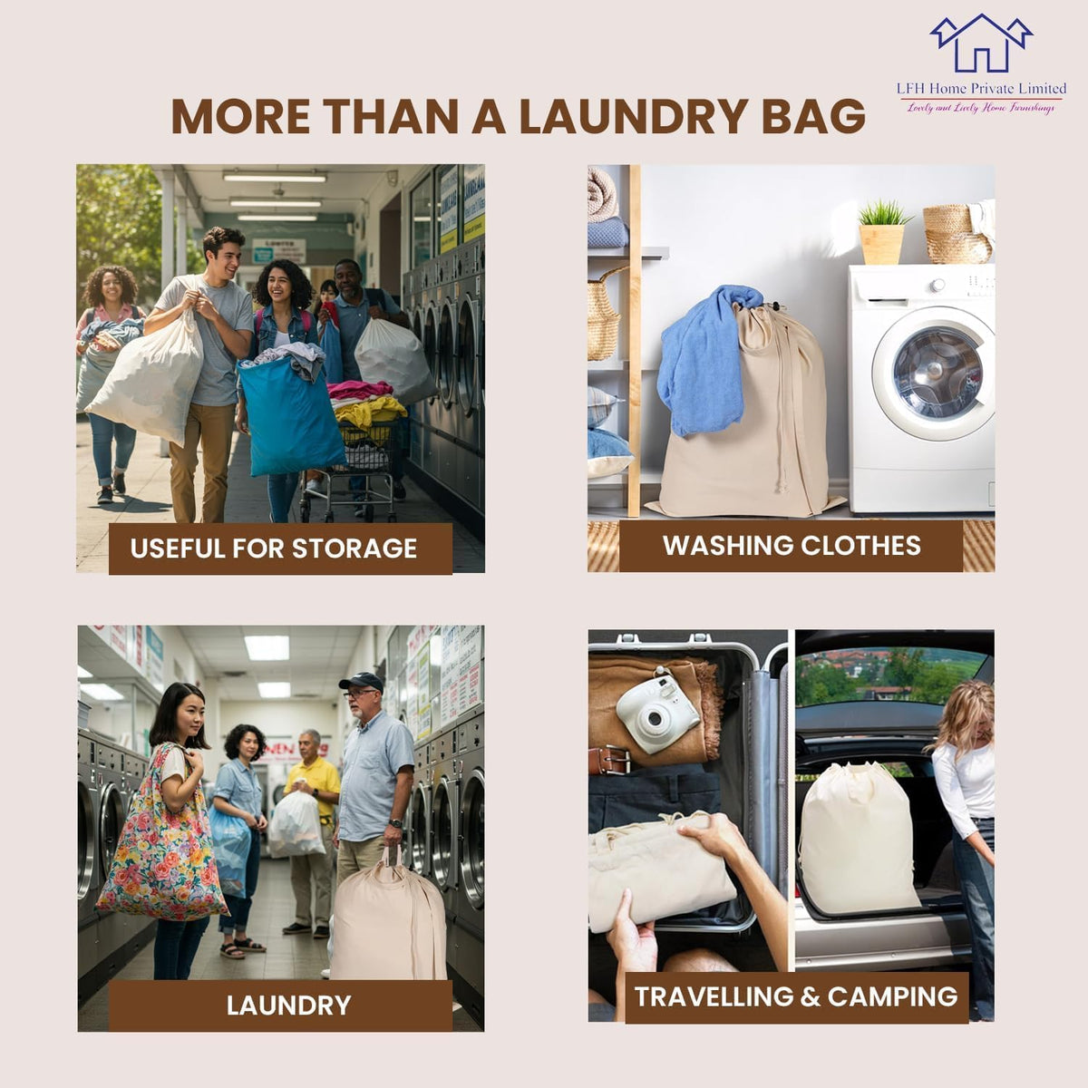 LFH Home Large Premium 100% Cotton Canvas Laundry Bag with Drawstring and Handles Heavy Duty, Multi-Use, and Washable for Home, Travel, College or Storage 24x36 (Pack of 4)-Natural