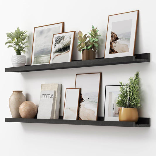 Picture Ledge Shelf, Floating Shelves Set of 2, Solid Pine Wood 55'' Long Large Nursery Book Shelves for Toys Storage, Kids Bookshelf for Living Room Bedroom Decor Books Photo Frames, Black