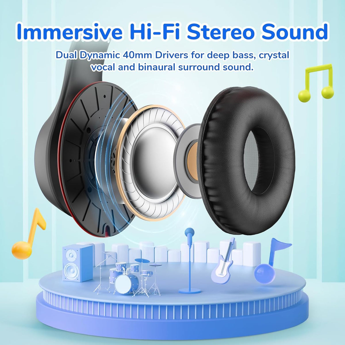 EarFun K3 Kids Headphones, Over Ear Headphones with Microphones, 85/94dB Volume Limit, HD Stereo Sound with LED Light, USB-C Cable, Foldable Wired Headphones for School/Boys/Girls/Tablet, Black