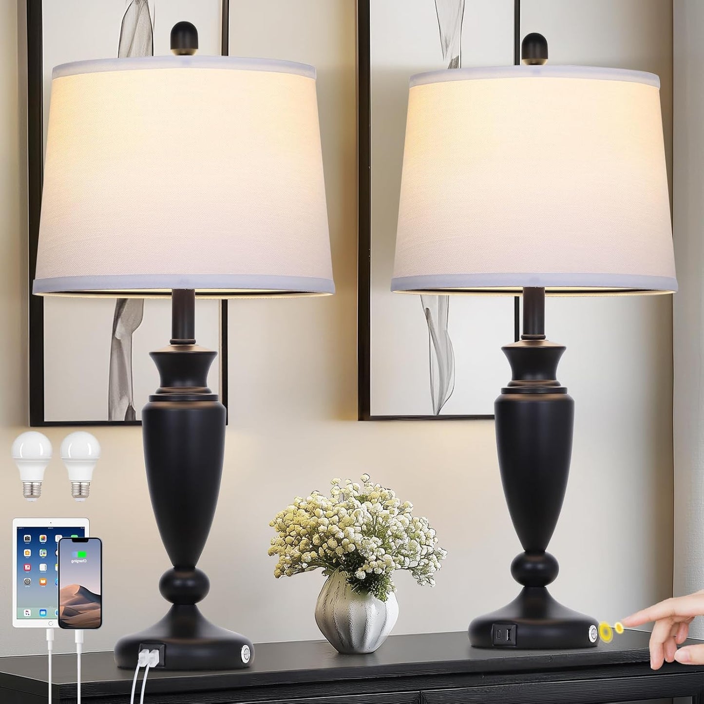27'' Black Table Lamps Set of 2, 3 Way Touch Control Living Room Lamps with USB A+C Ports, Modern Bedside Lamps, Elegant Metal Nightstand Lamps for Bedroom Office End Table Decoration