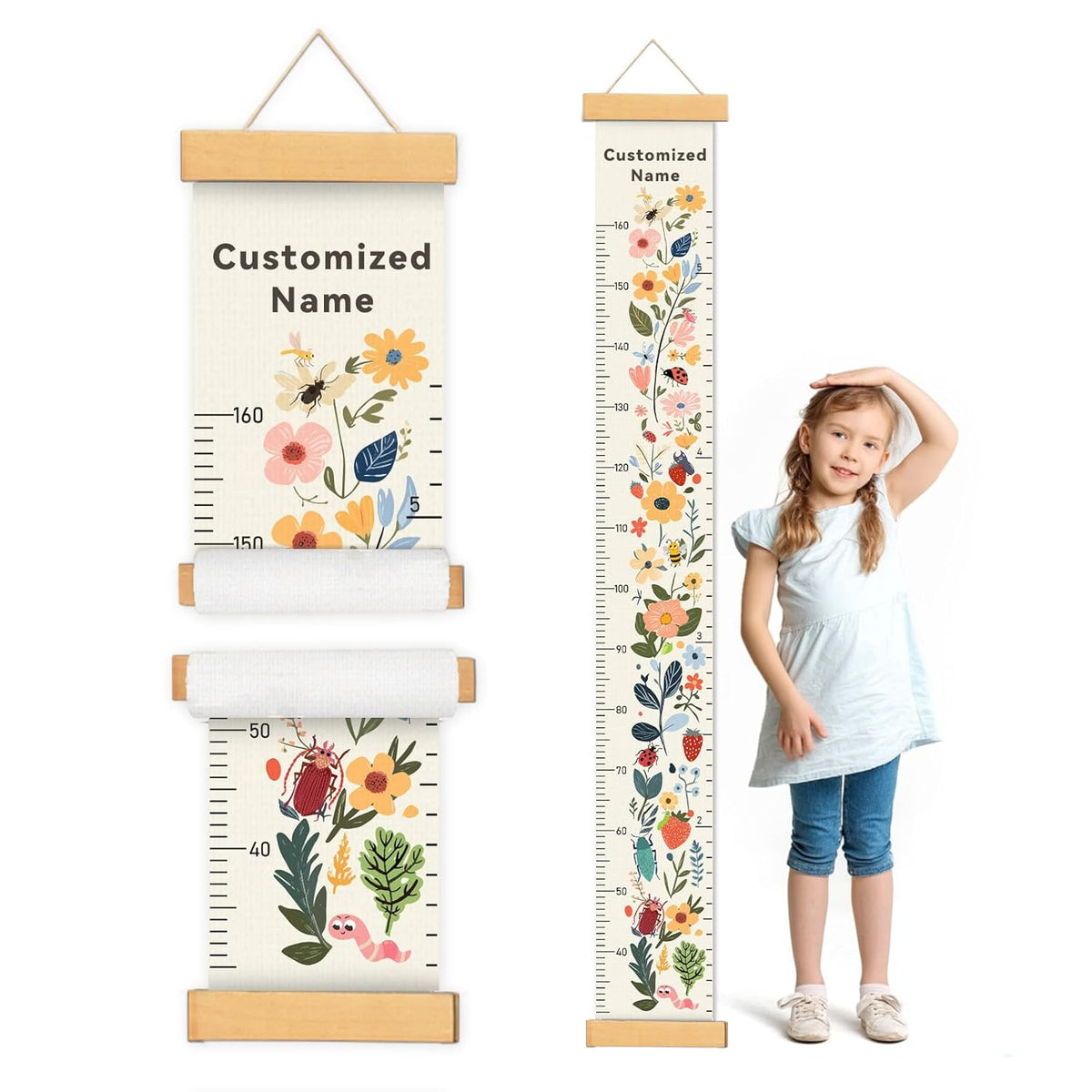 Personalized Name Growth Chart for Kids, Flower Canvas Height Chart Ruler Removable Hanging Wall Ruler Measurement Chart for Home Decoration, Waterproof Measuring Board, Foldable