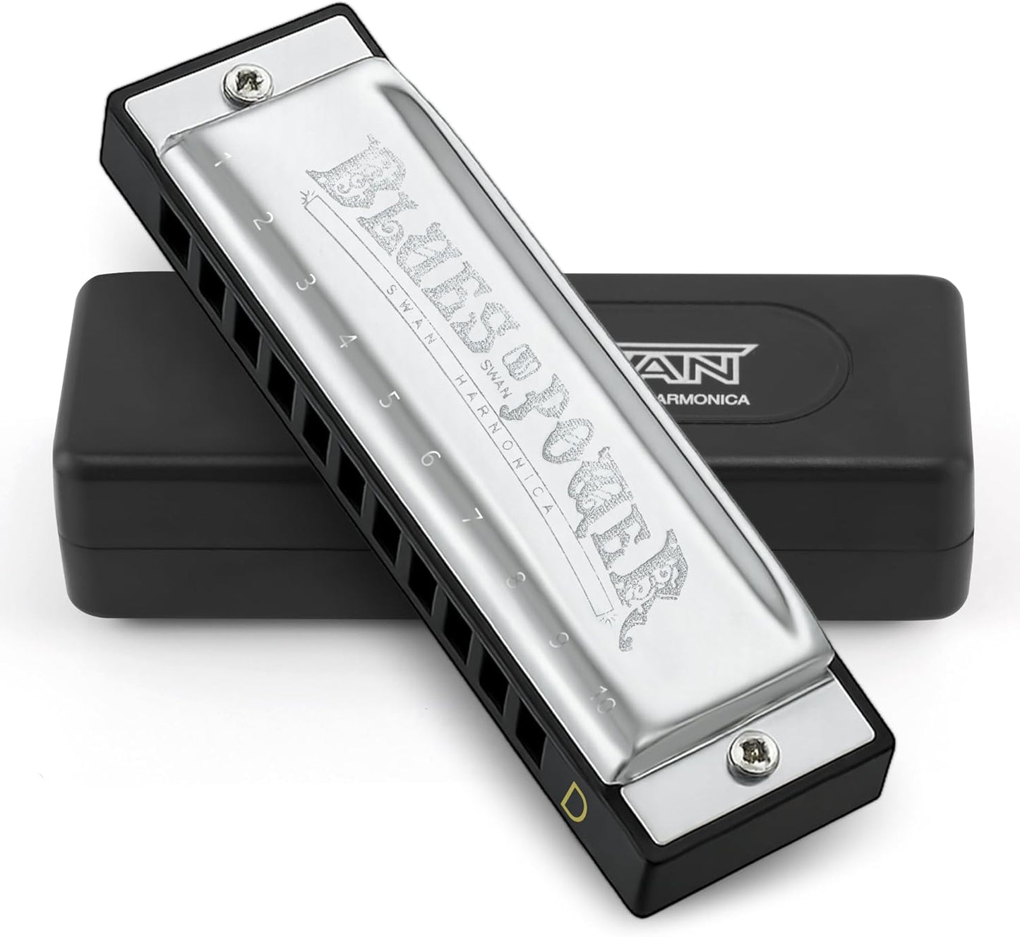 SWAN Blues Harmonica, Key of D, 10 Hole 20 Tone Diatonic Harp Mouth Organ, Stainless Steel Deluxe Harmonica for Adults, Students, Beginners, as a Gift (Silver-D)
