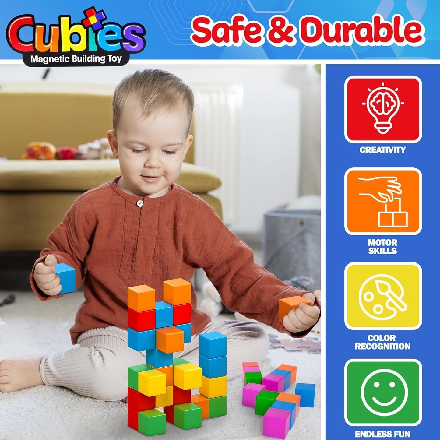 Playmags Magnetic Blocks Building Toy, 64pc Magnet Cubes STEM Toys for Toddler & Kids, Preschool, Educational Sensory Construction Block Toy for Boys & Girls