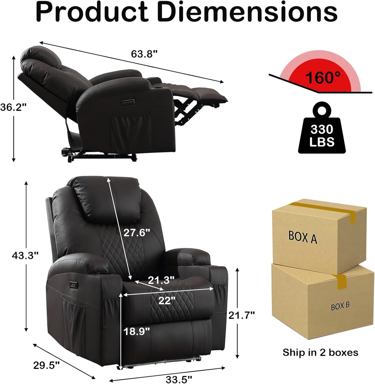 Power Recliner Chair with Heat and Massage for Adults - Home Theater Seating with LED Lights,Cup Holders,Side Pocket,USB Port - Recliner Sofa for Living Room(Brown, Set of 2)