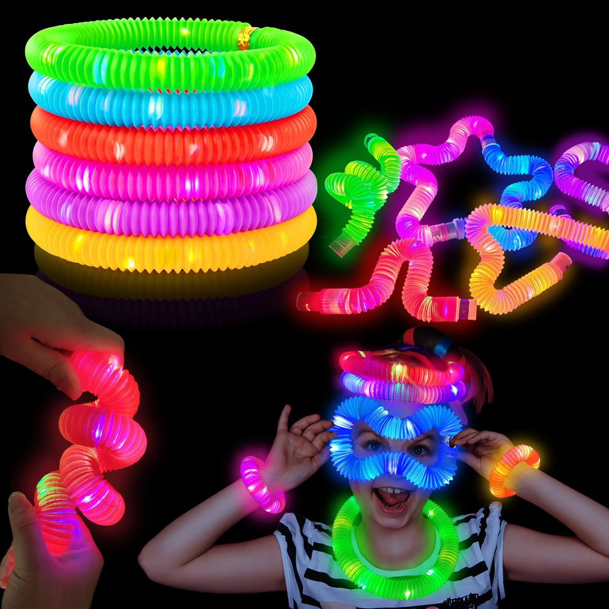 Halloween Glow Sticks Toys Gifts for Toddlers-6 PCS Light Up Pop Tube Party Favors for Kids,LED Bracelet Necklace Accessories,Fun Camping Essentials Games Activities Camp Gear Stuff for Boys Girls