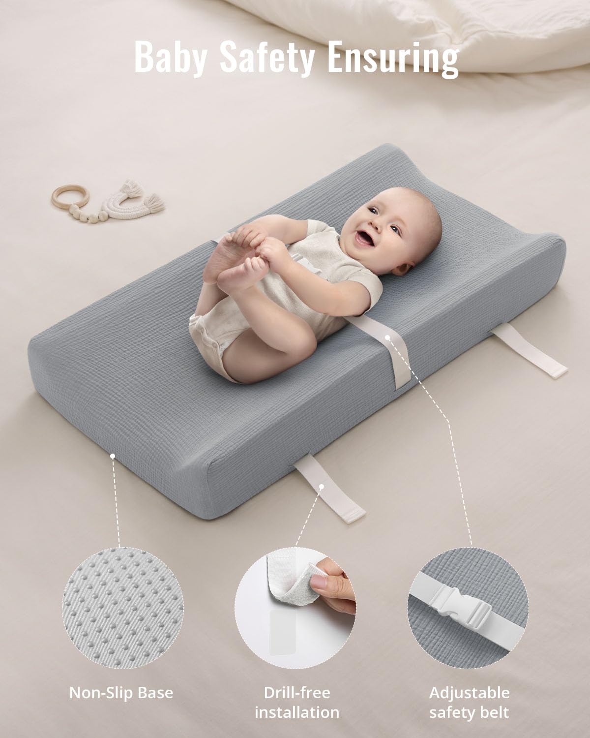 Blissful Diary Muslin Baby Changing Pad with Waterproof Lining Foam, Diaper Changing Table Pad with Cover for Dressers (Gray, Rectangular)