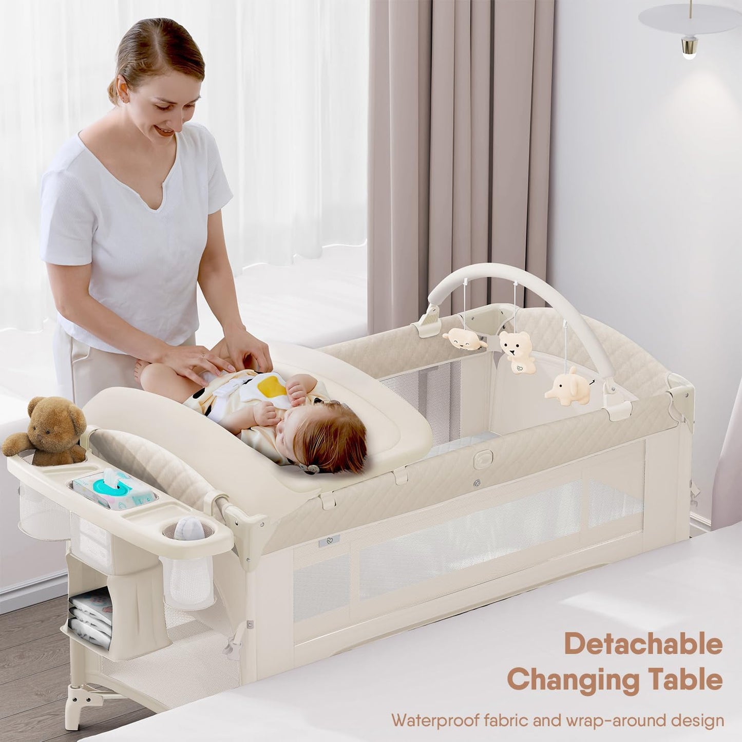 4 in 1 Baby Bassinet, Pack and Play, Bedside Crib Sleeper, Diaper Changer - Comes with Mattress, Mosquito Net，Bottom Storage and Toy Bar for Newborn to Toddles