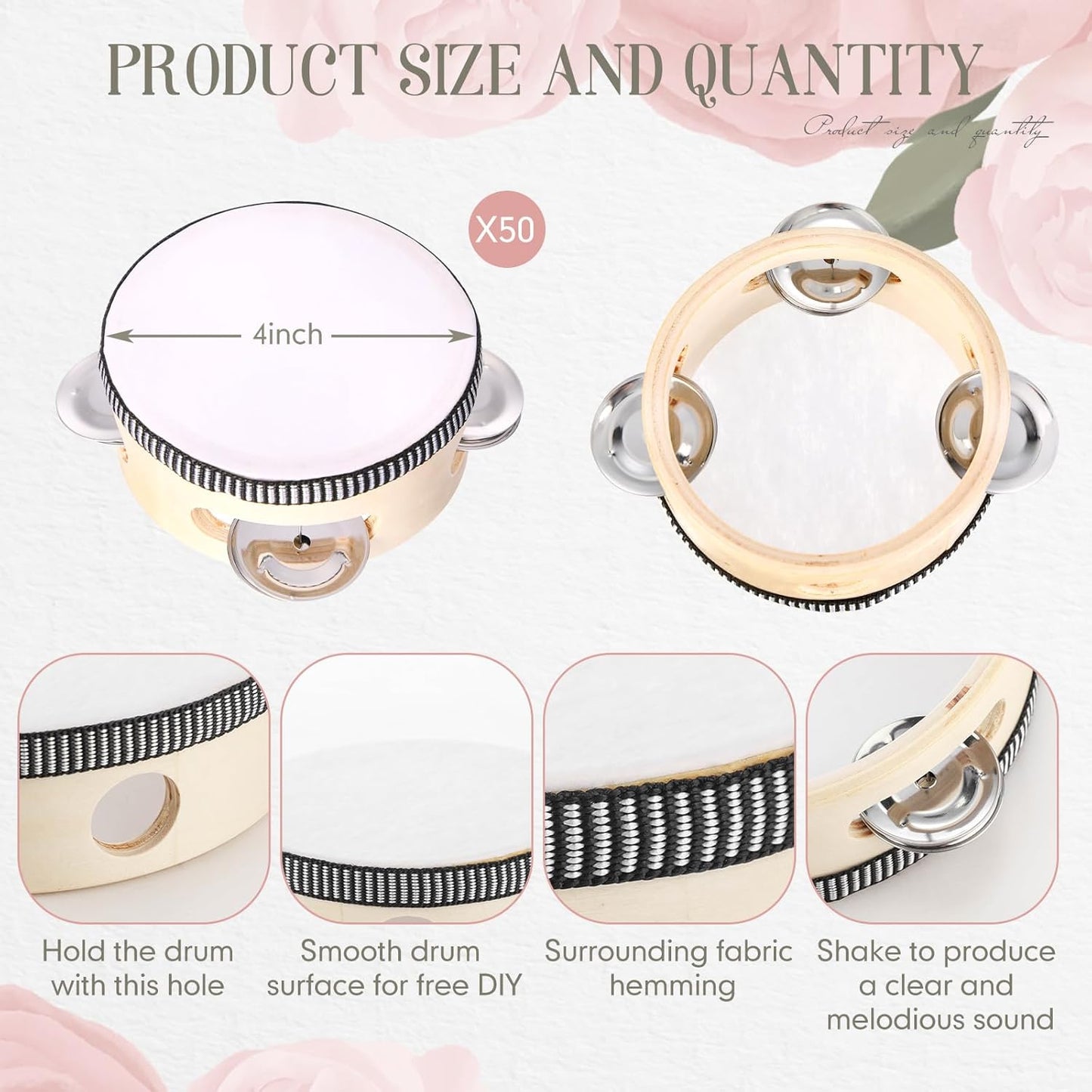 50 Pcs 4 Inch Wedding Tambourine Bulk Drum for Adults Hand Held Percussion Gift Wood Metal Jingles Musical Educational Drum Instrument for Church Wedding Party Favor