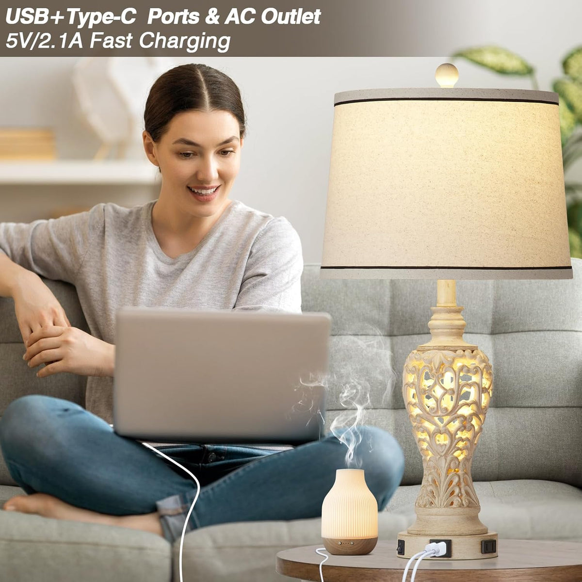 Table Lamps Set of 2, Farmhouse Table Lamps with Nightlight, Rustic Bedside Lamps with Dual USB & AC Outlet, 25.2'' Beige Vintage Nightstand Lamps for Bedroom Living Room, Bulbs Included