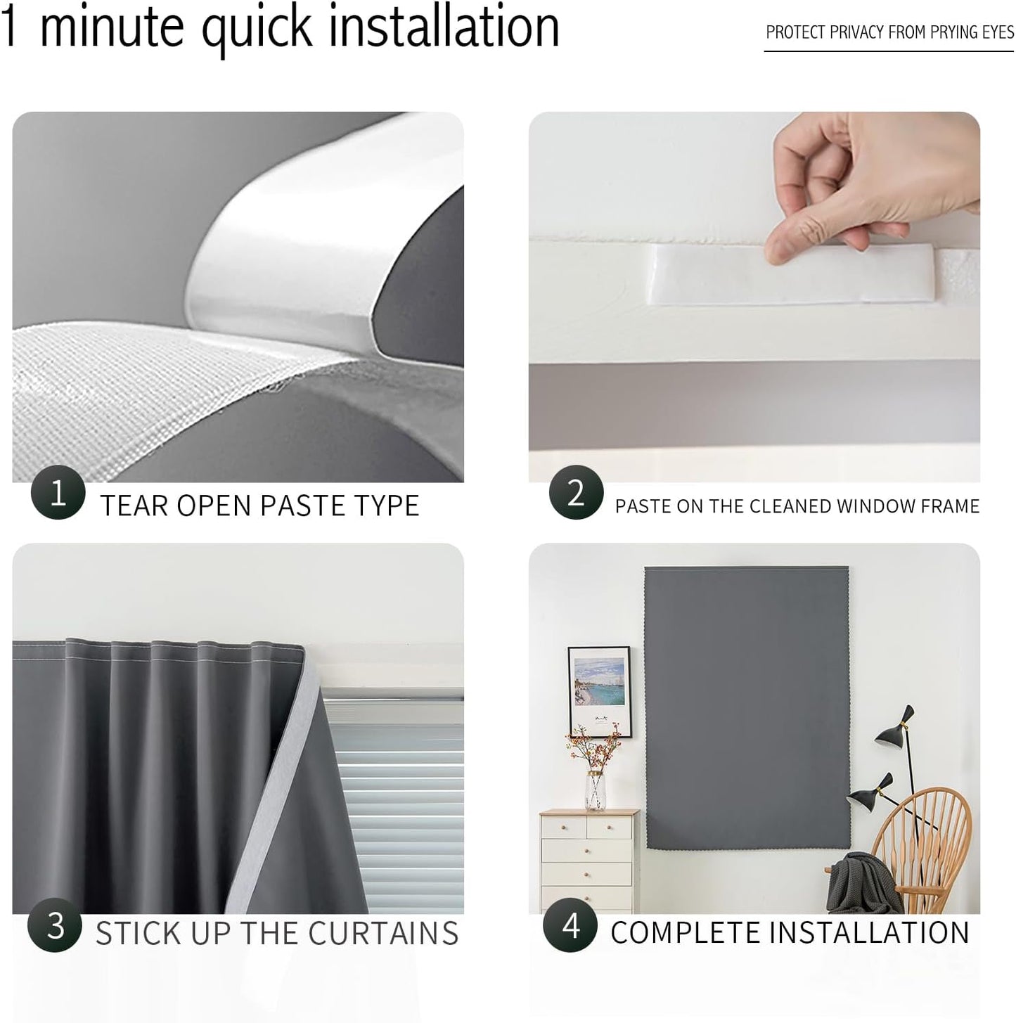 Magic Tape Stick On Curtains Window Shades Pull Down Blackout Window Cover Blackout Curtains for Bedroom No Drillng Self Adhesive Curtains No Rod Small Curtain, 47" W X 71" L, Grey, 1 Panel