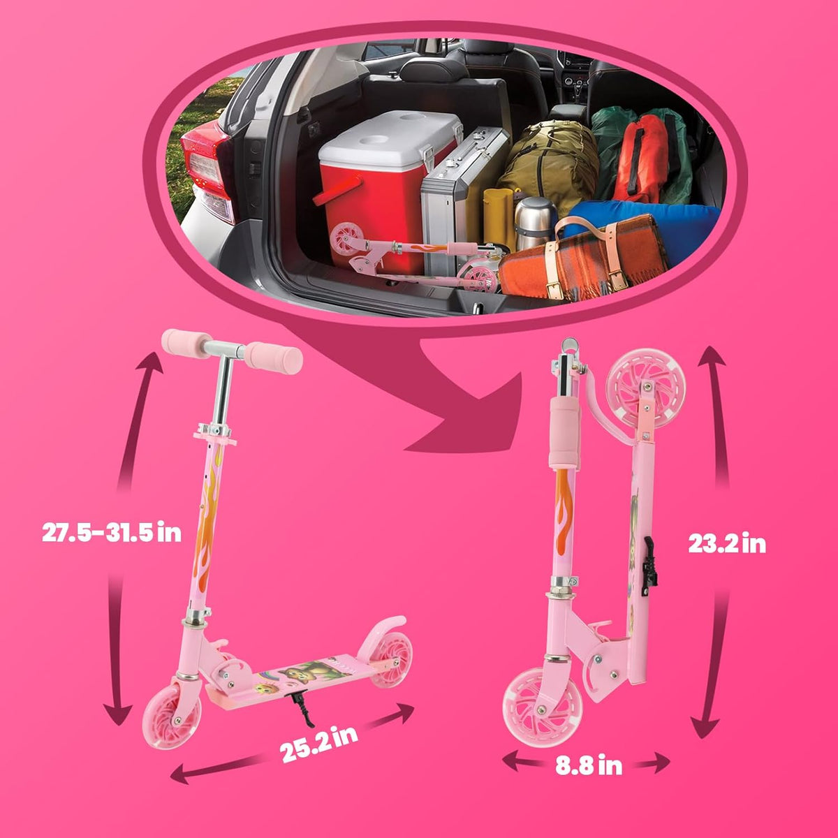 Scooter for Kids Ages 3+, Teens, Foldable Kick Scooter with Light up Wheels, Kickstand, 3 Adjustable Levels, Rear Brake, Lightweight Boys Girls Outdoor Toys for Kids 8-12, Pink