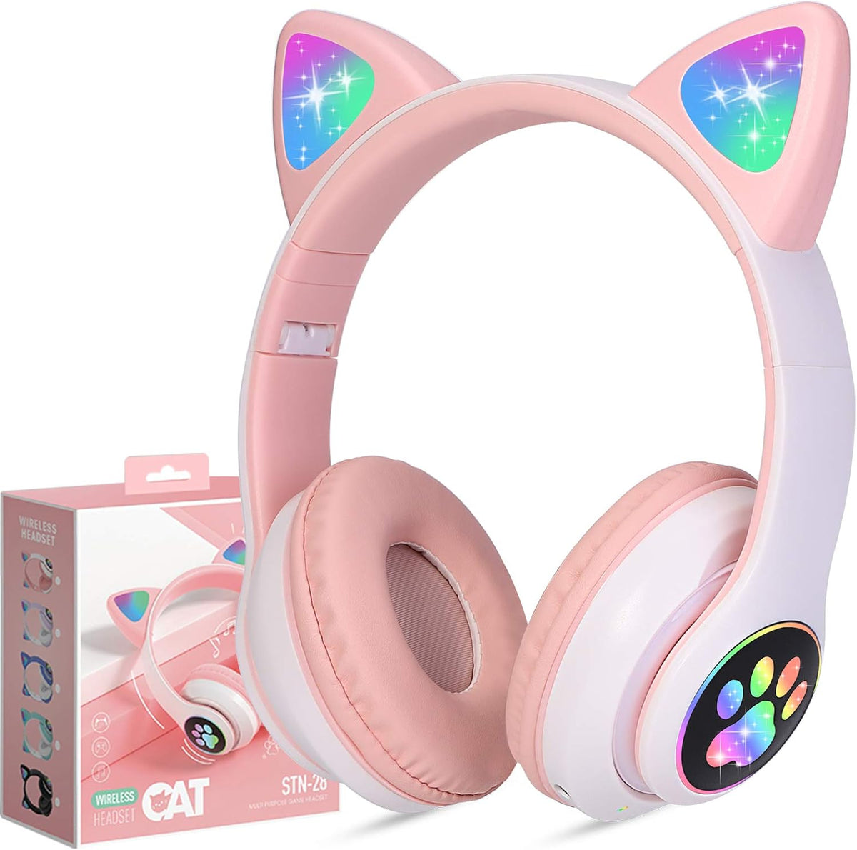 TCJJ Kids Wireless Headphones - Cat Ear LED Light Up, Bluetooth 5.4, Safe Volume Limit, Noise Cancelling with Mic & TF Card for Girls Boys Toddlers School (Pink)